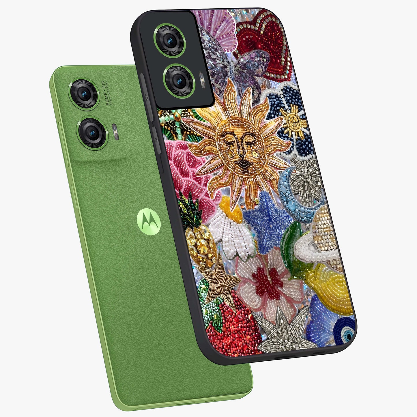 Celestial Floral and Playful Glass Case displayed in angled mockup highlighting playful floral design with dreamy celestial elements.
