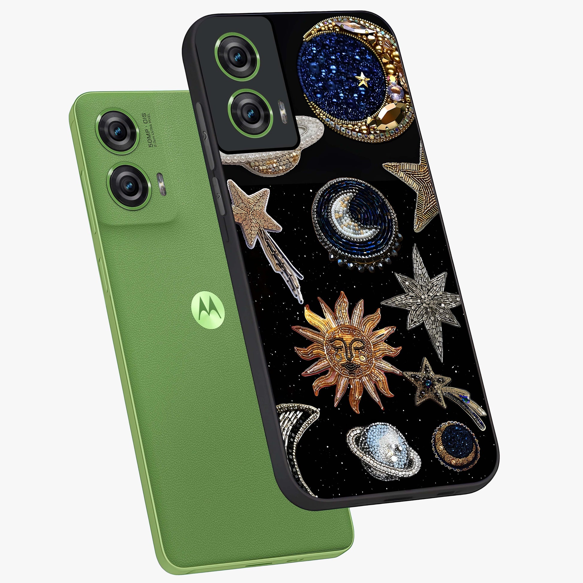 Celestial Gem Constellations Glass Case displayed in angled mockup highlighting gemstone inspired constellation design.