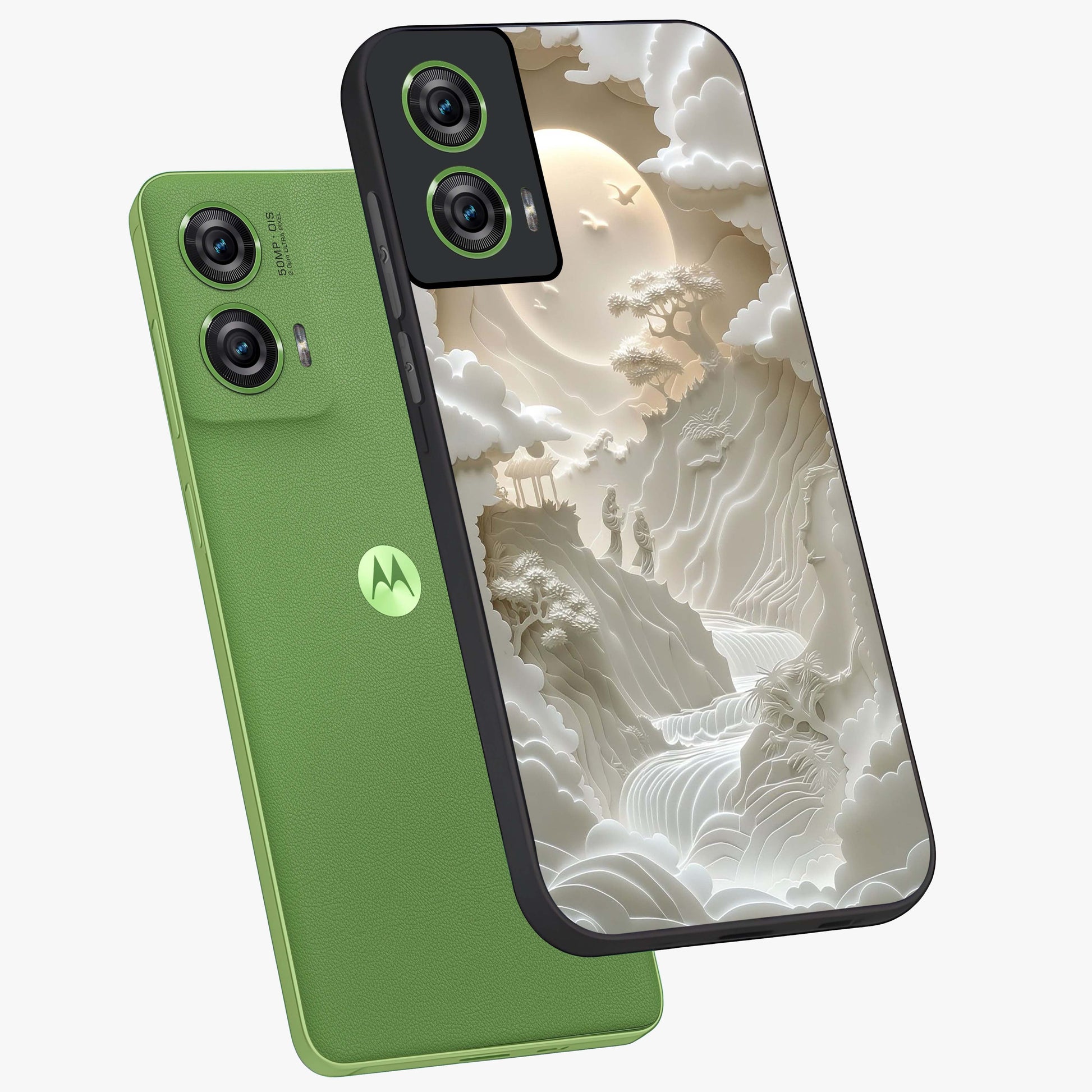 Celestial Origami Glass Case displayed in angled mockup highlighting geometric origami design with cosmic aesthetic theme.