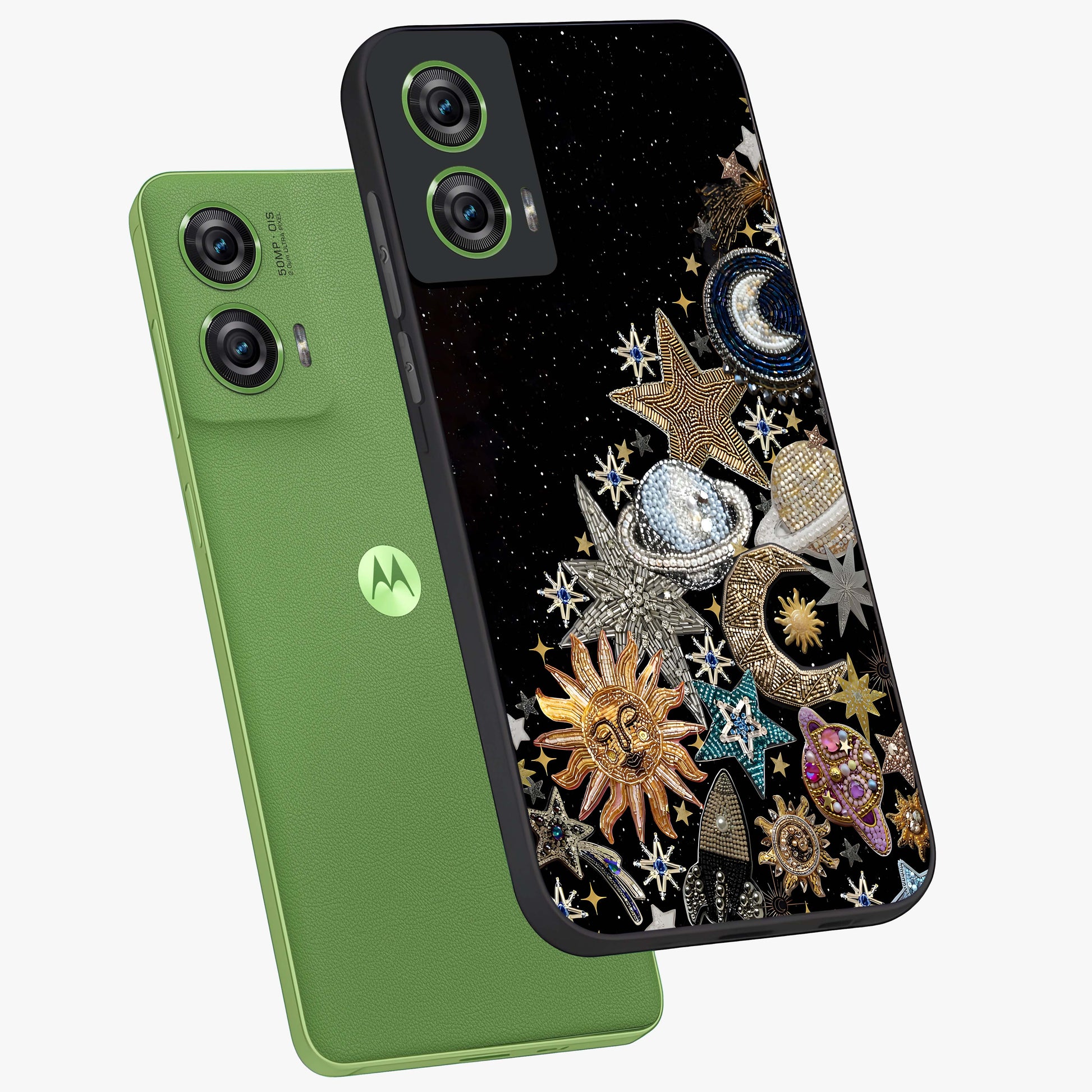 Cosmic Sparkle Dreams Glass Case displayed in angled mockup highlighting dreamy star sparkle design with celestial aesthetic.