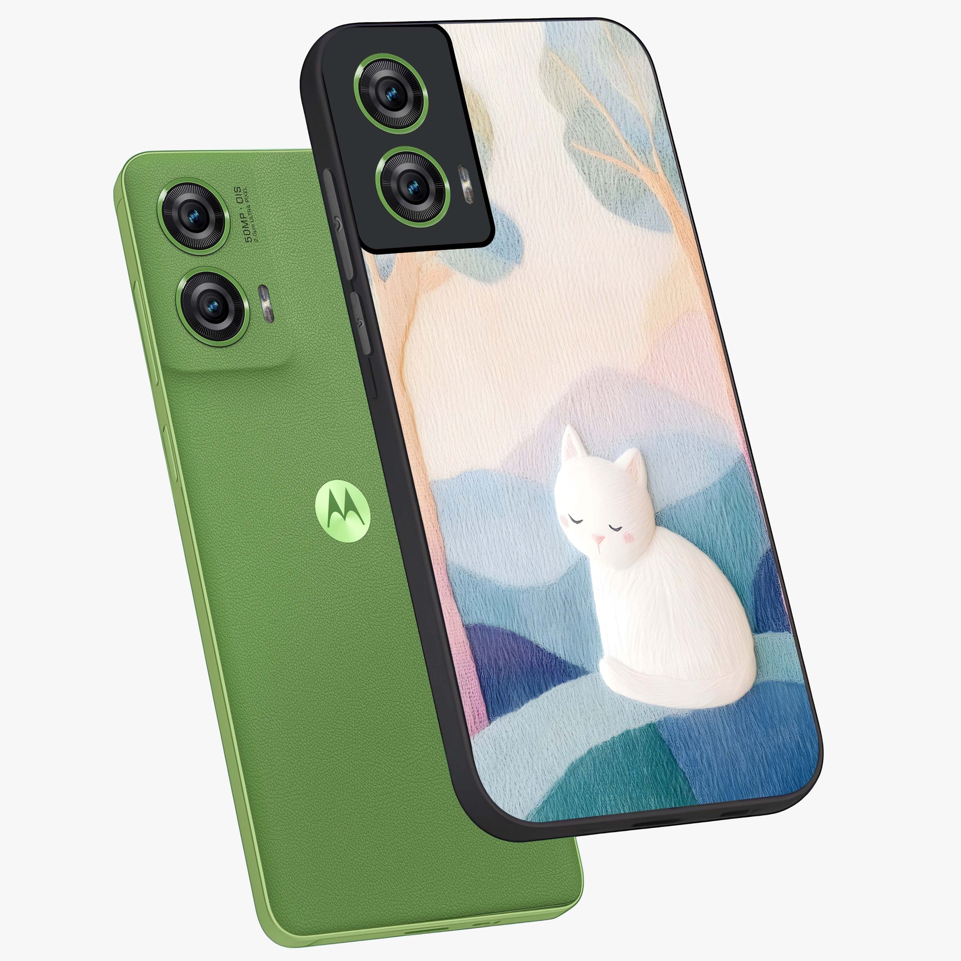 Cotton Dream Cat Glass Case displayed in angled mockup highlighting cute feline illustration with pastel aesthetic style.