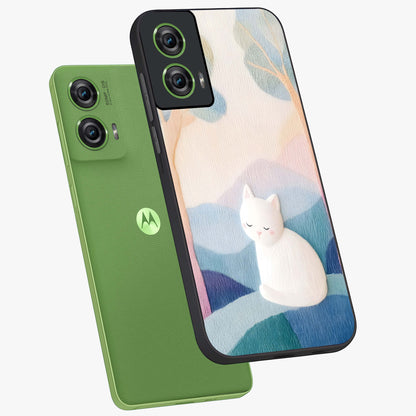 Cotton Dream Cat Glass Case displayed in angled mockup highlighting cute feline illustration with pastel aesthetic style.