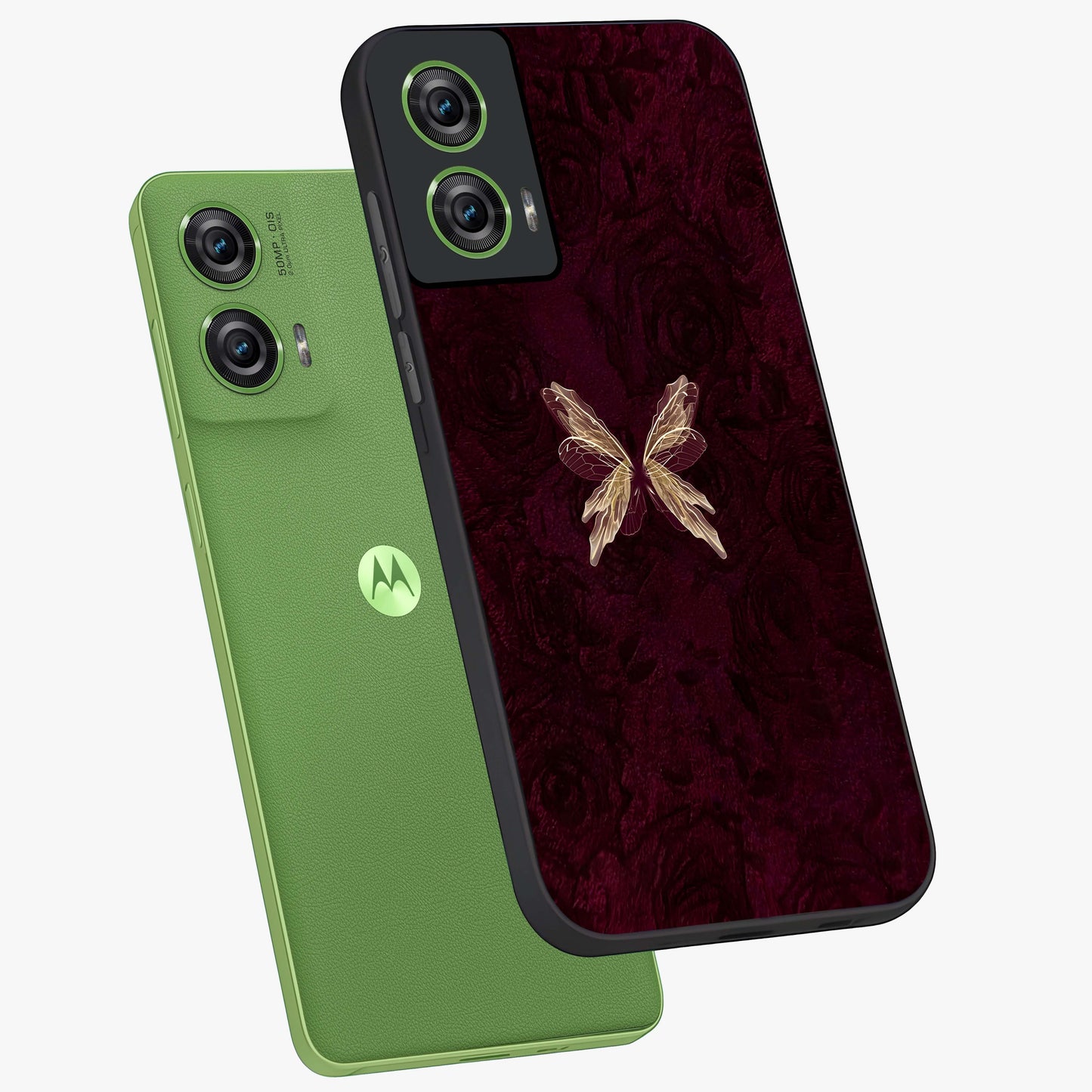 Crimson Fade Butterfly Glass Case displayed in angled mockup highlighting elegant butterfly design with crimson gradient aesthetic.