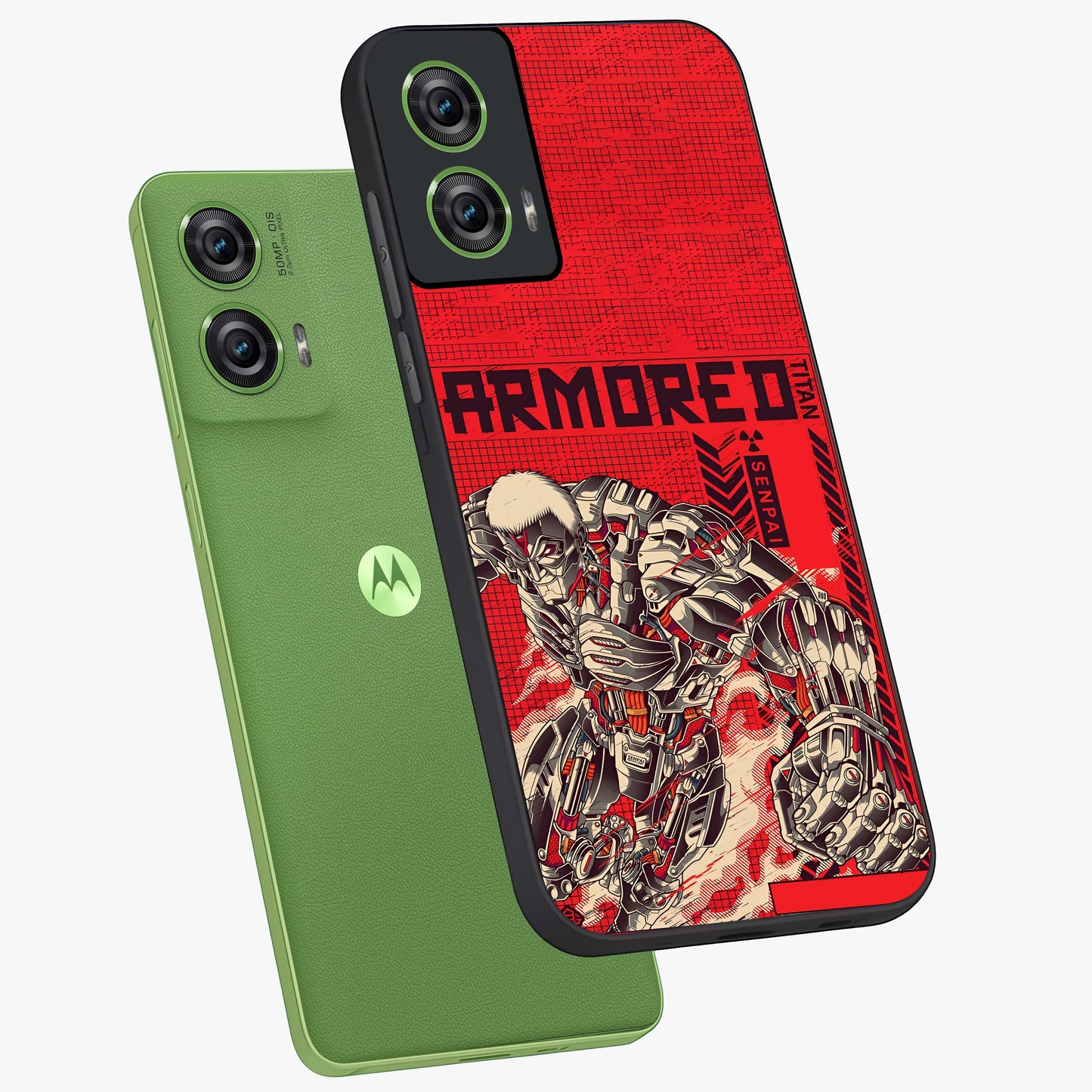Crimson Mecha Titan Glass Case displayed in angled mockup highlighting futuristic mech illustration with bold crimson aesthetic.