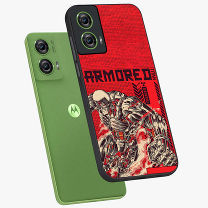 Crimson Mecha Titan Glass Case displayed in angled mockup highlighting futuristic mech illustration with bold crimson aesthetic.