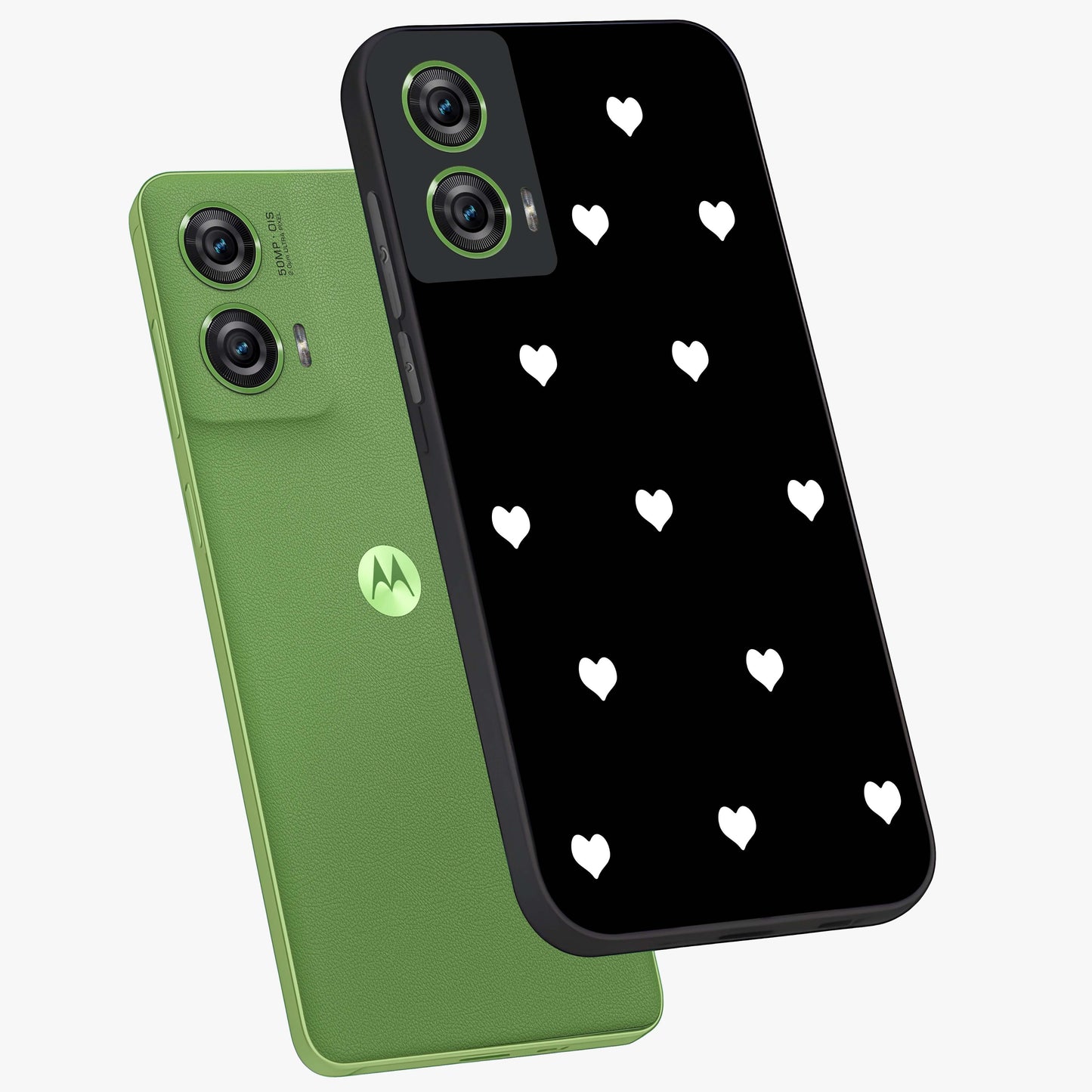 Cute And Simple White Hearts Glass Case displayed in angled mockup highlighting cute heart design with clean aesthetic style.