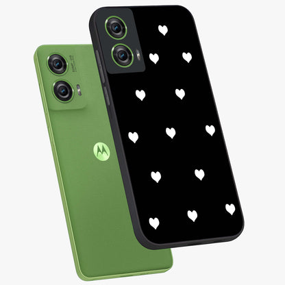Cute And Simple White Hearts Glass Case displayed in angled mockup highlighting cute heart design with clean aesthetic style.