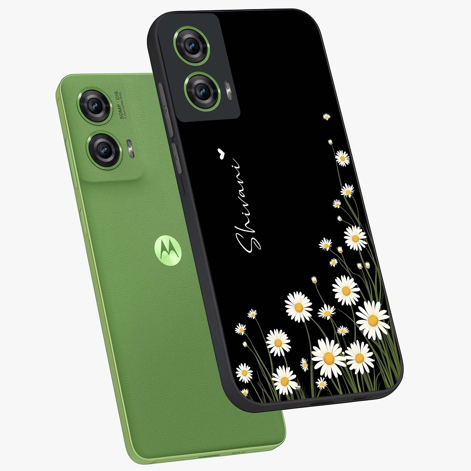 Daisy Cascade Custom Name Glass Case displayed in angled mockup highlighting delicate daisy artwork with custom name feature.