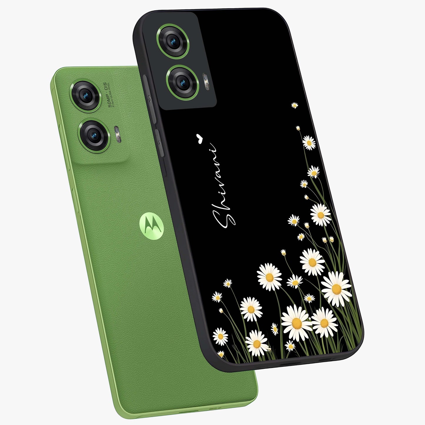 Daisy Cascade Custom Name Glass Case displayed in angled mockup highlighting delicate daisy artwork with custom name feature.