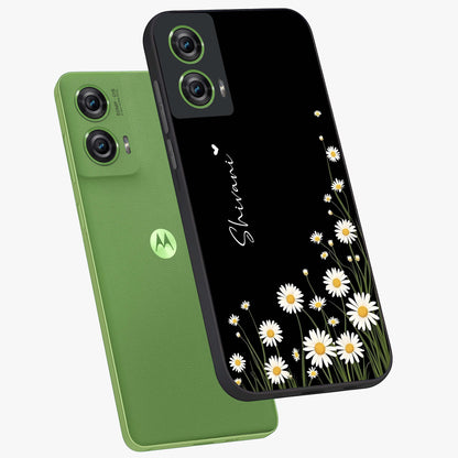 Daisy Cascade Custom Name Glass Case displayed in angled mockup highlighting delicate daisy artwork with custom name feature.