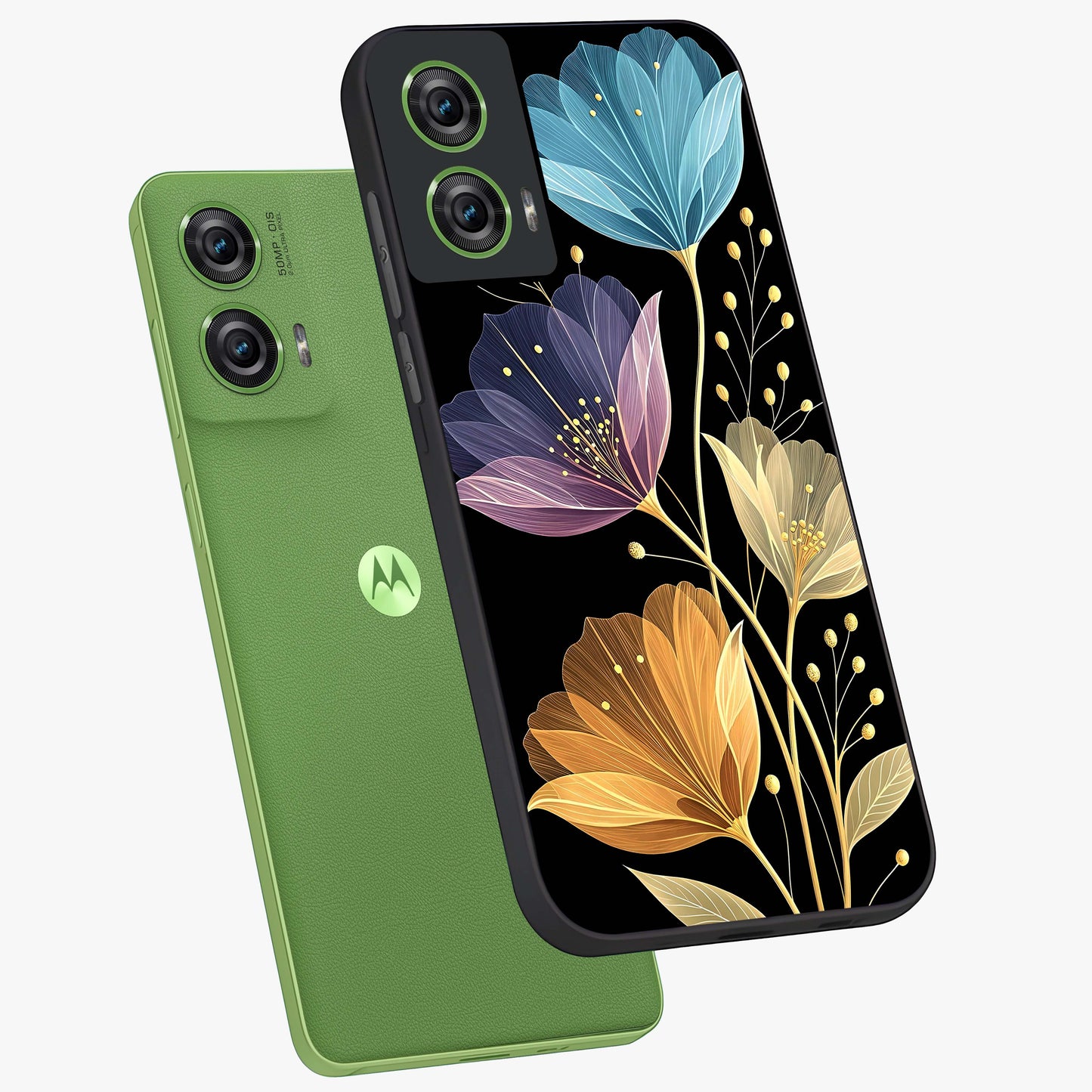 Delicate Multicolor Flowers Glass Case displayed in angled mockup highlighting colorful flower pattern with soft aesthetic style.