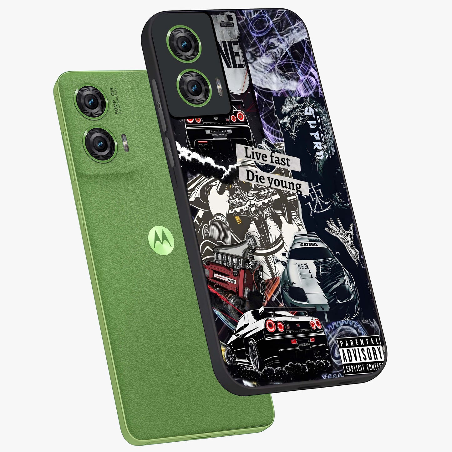 Die Young Glass Case displayed in angled mockup highlighting expressive graphic artwork with edgy aesthetic style.