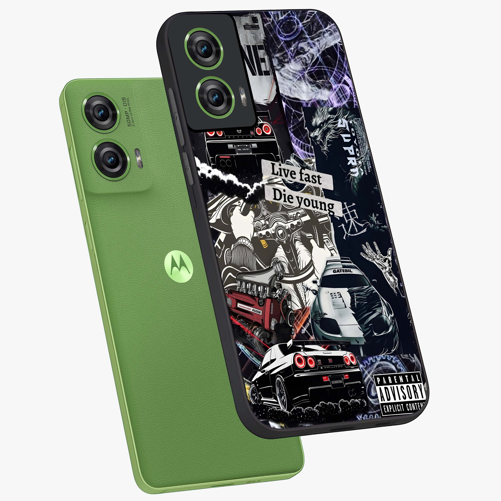 Die Young Glass Case displayed in angled mockup highlighting expressive graphic artwork with edgy aesthetic style.