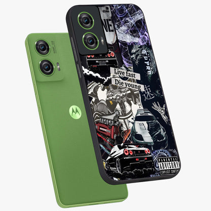 Die Young Glass Case displayed in angled mockup highlighting expressive graphic artwork with edgy aesthetic style.