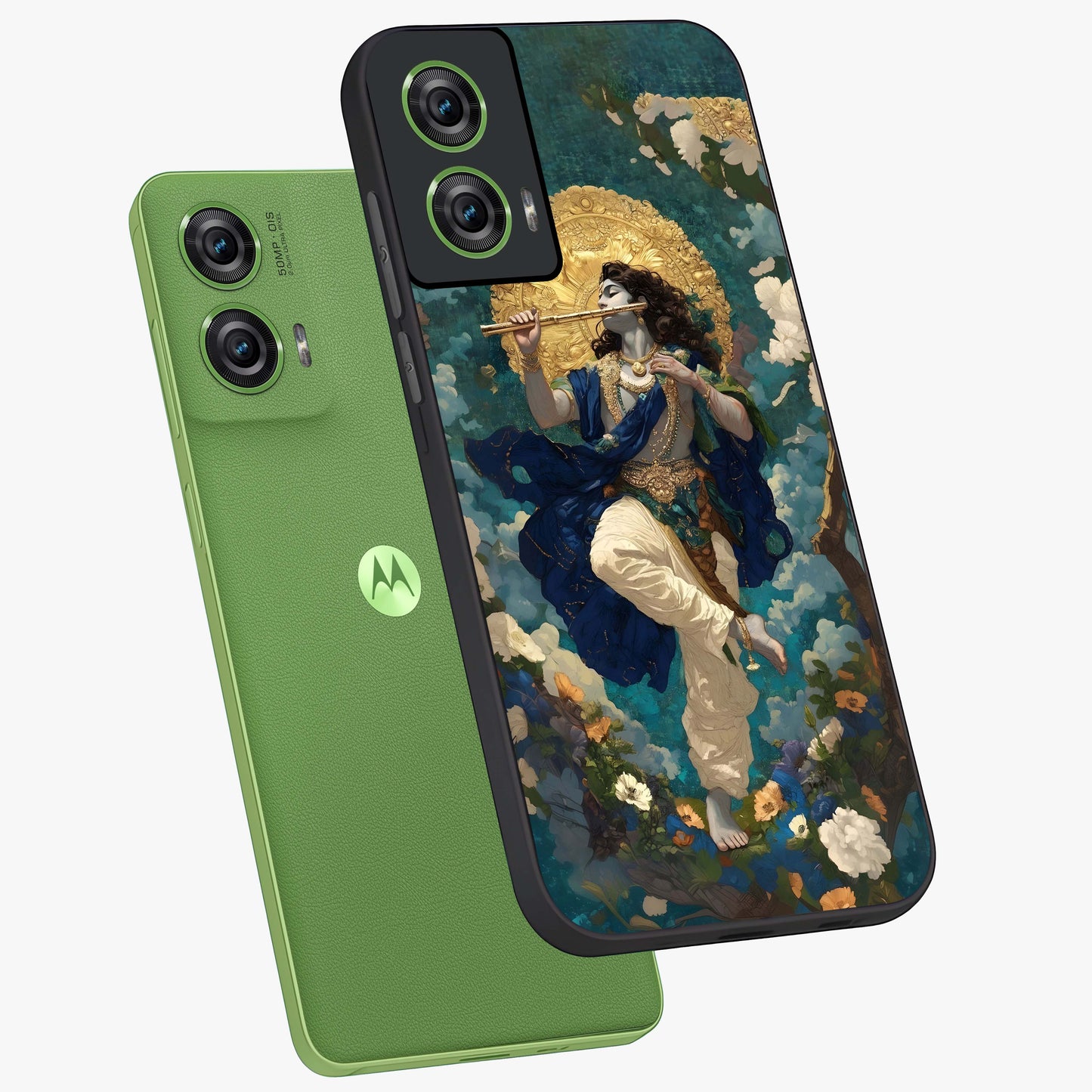 Divine Krishna Art Glass Case displayed in angled mockup highlighting spiritual Krishna illustration with devotional aesthetic.