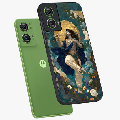 Divine Krishna Art Glass Case displayed in angled mockup highlighting spiritual Krishna illustration with devotional aesthetic.