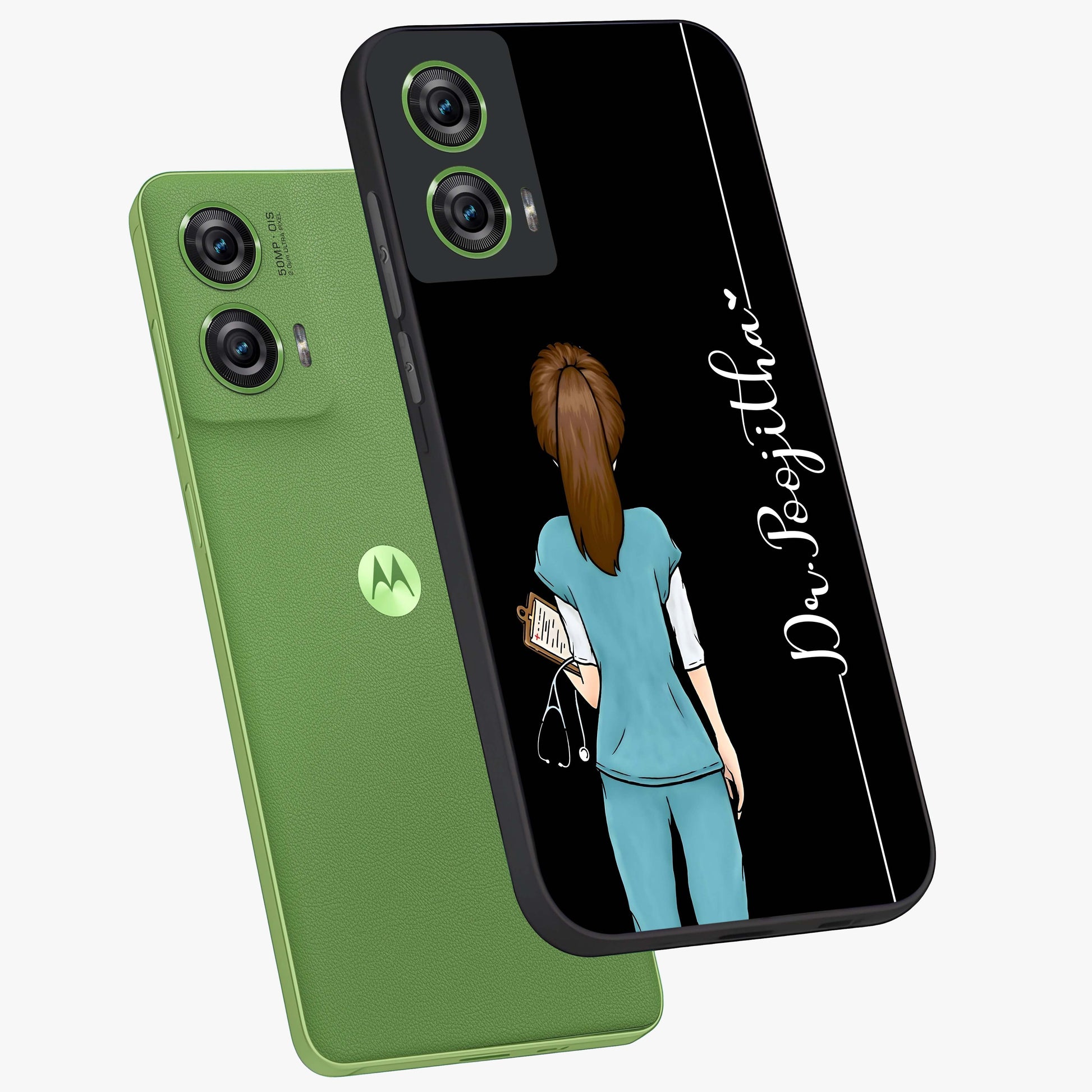Doctor Pattern Custom Name Glass Case displayed in angled mockup highlighting doctor inspired artwork with custom name feature.