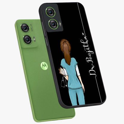 Doctor Pattern Custom Name Glass Case displayed in angled mockup highlighting doctor inspired artwork with custom name feature.