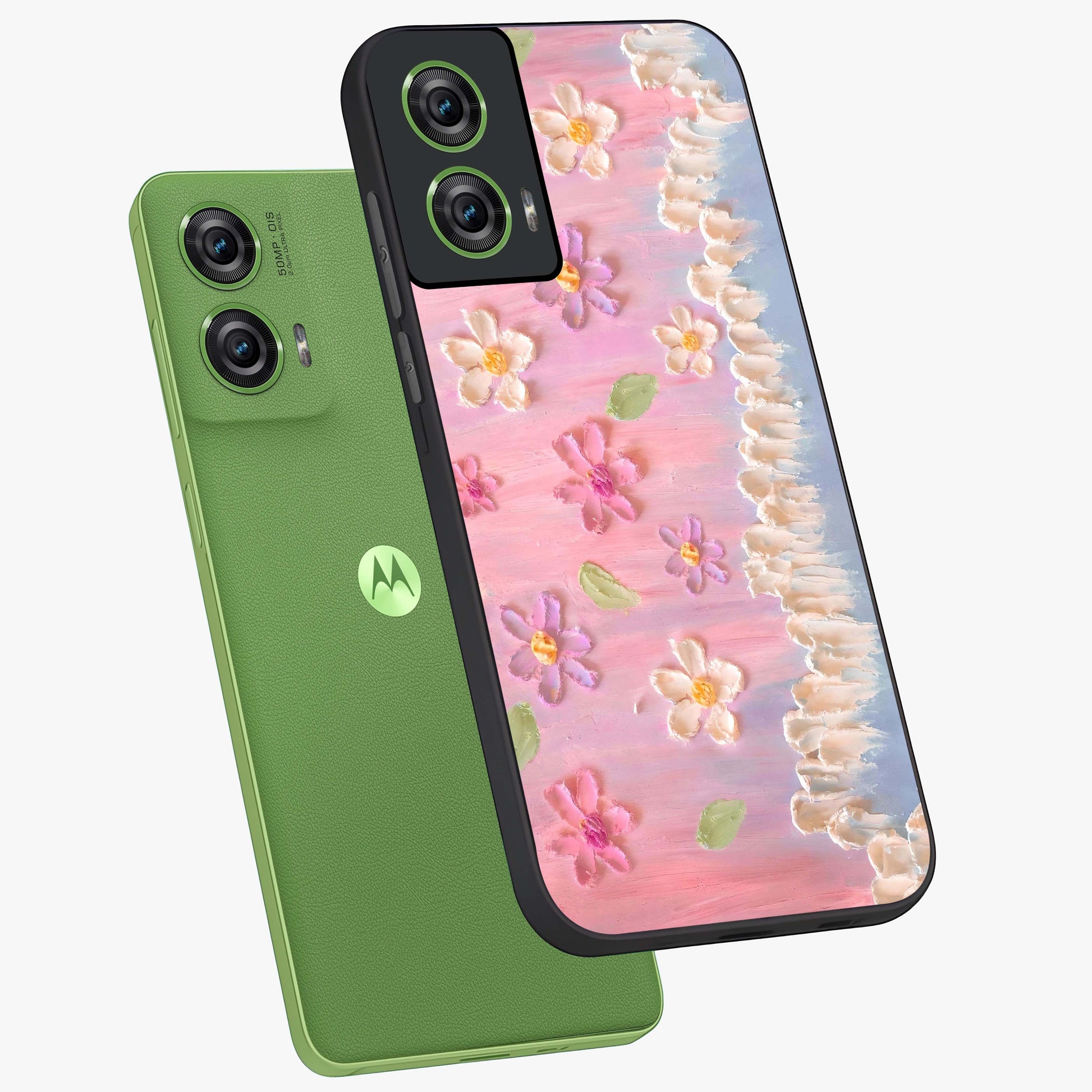 Dreamy Painted Garden Glass Case displayed in angled mockup highlighting colorful garden illustration with dreamy aesthetic style.