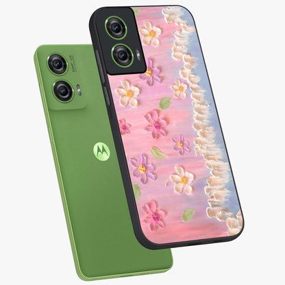 Dreamy Painted Garden Glass Case displayed in angled mockup highlighting colorful garden illustration with dreamy aesthetic style.