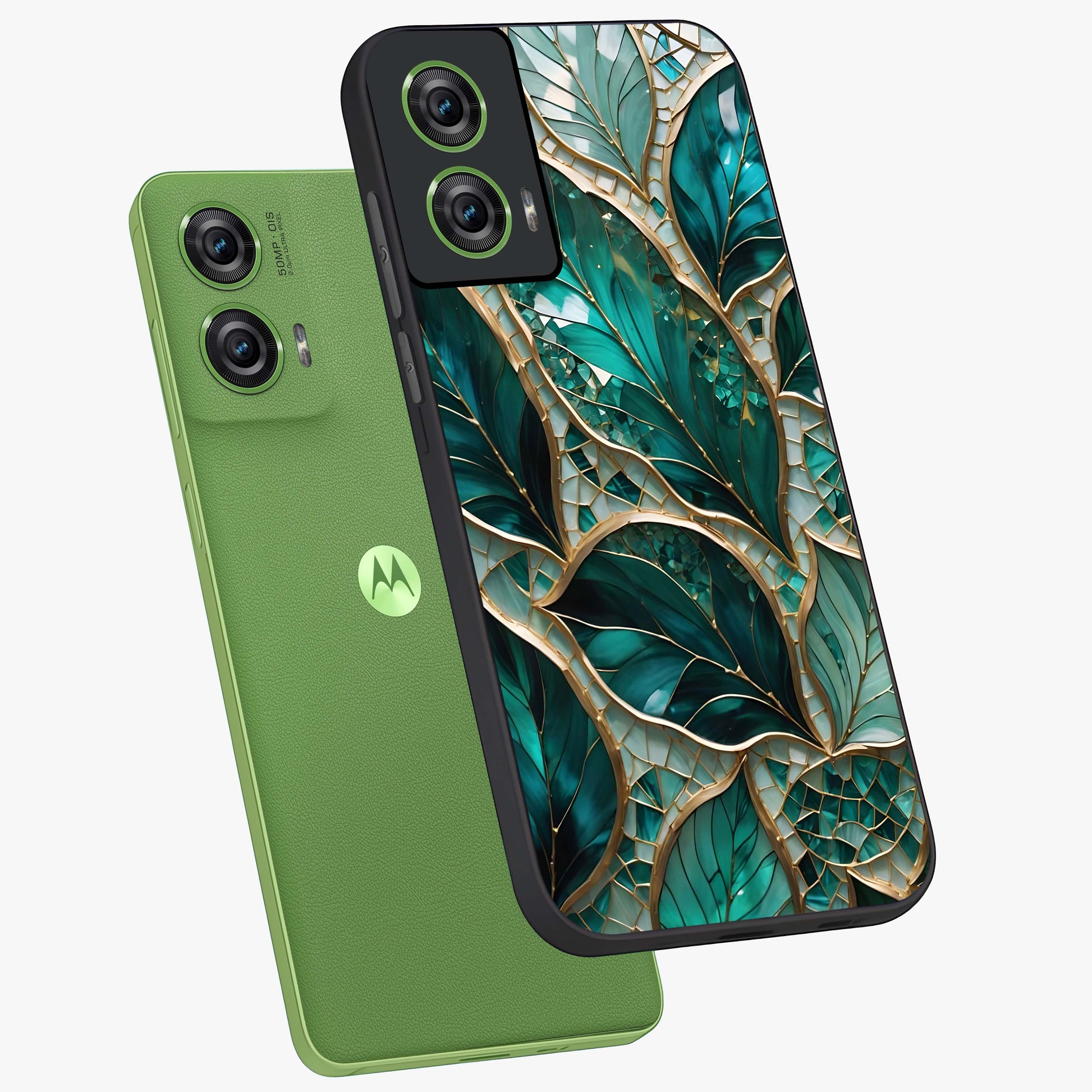 Emerald Leaf Glass Glass Case displayed in angled mockup highlighting botanical leaf illustration with elegant natural aesthetic.