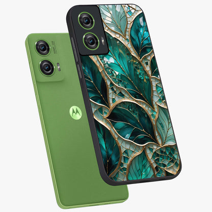 Emerald Leaf Glass Glass Case displayed in angled mockup highlighting botanical leaf illustration with elegant natural aesthetic.