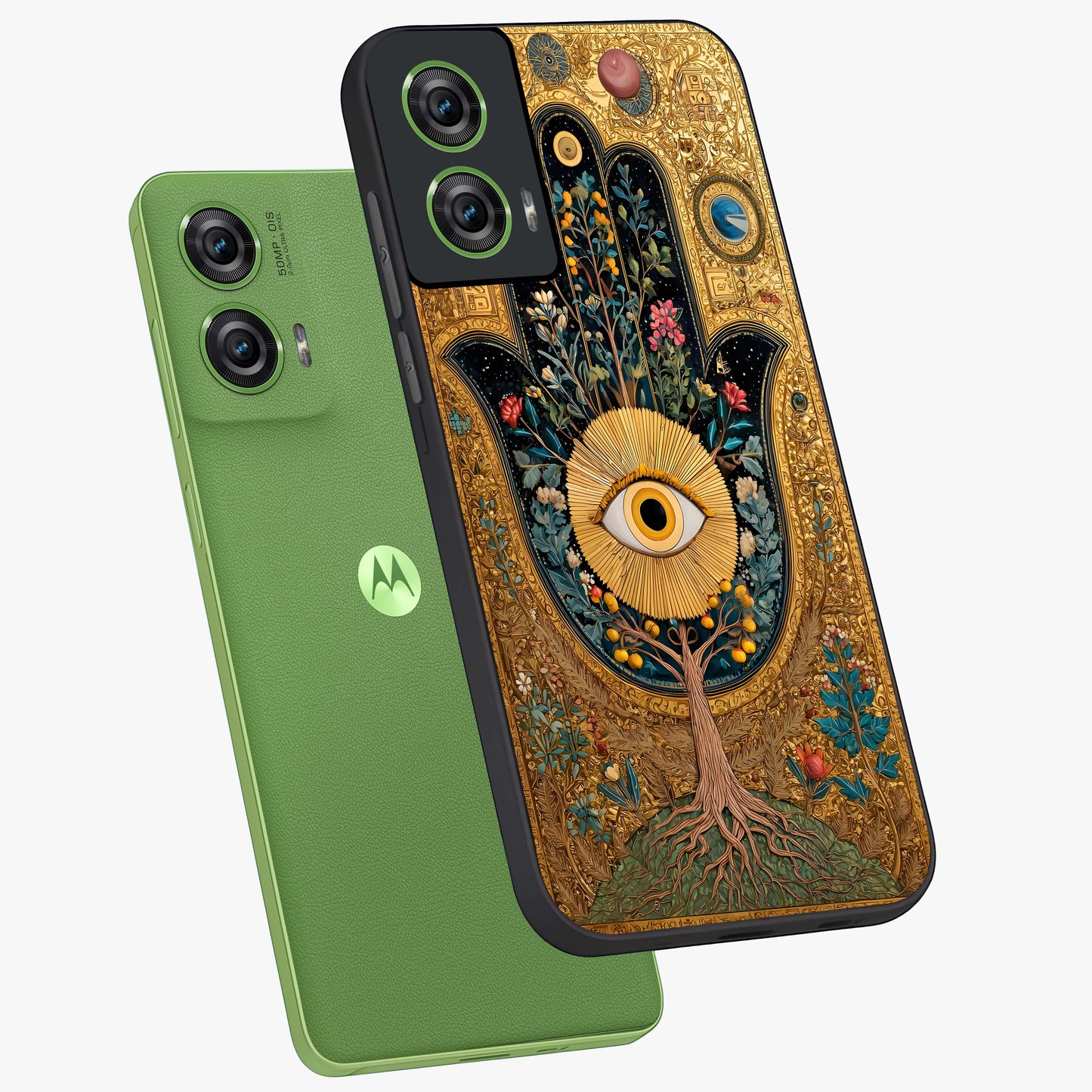Ethereal Evil Eye Glass Case displayed in angled mockup highlighting protective evil eye symbol with spiritual aesthetic design.