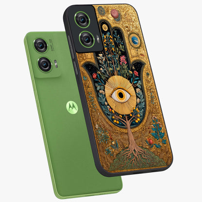 Ethereal Evil Eye Glass Case displayed in angled mockup highlighting protective evil eye symbol with spiritual aesthetic design.