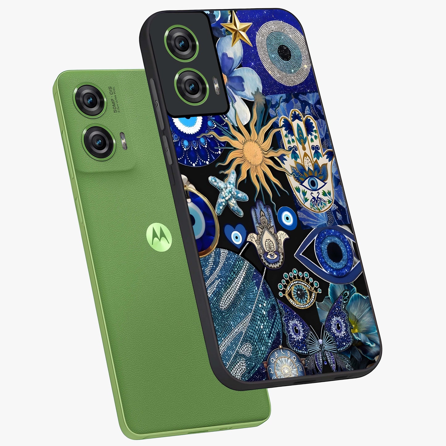 Evil Eye Charm Mix Glass Case displayed in angled mockup highlighting protective evil eye symbols with spiritual aesthetic design.
