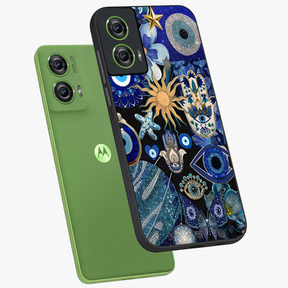 Evil Eye Charm Mix Glass Case displayed in angled mockup highlighting protective evil eye symbols with spiritual aesthetic design.