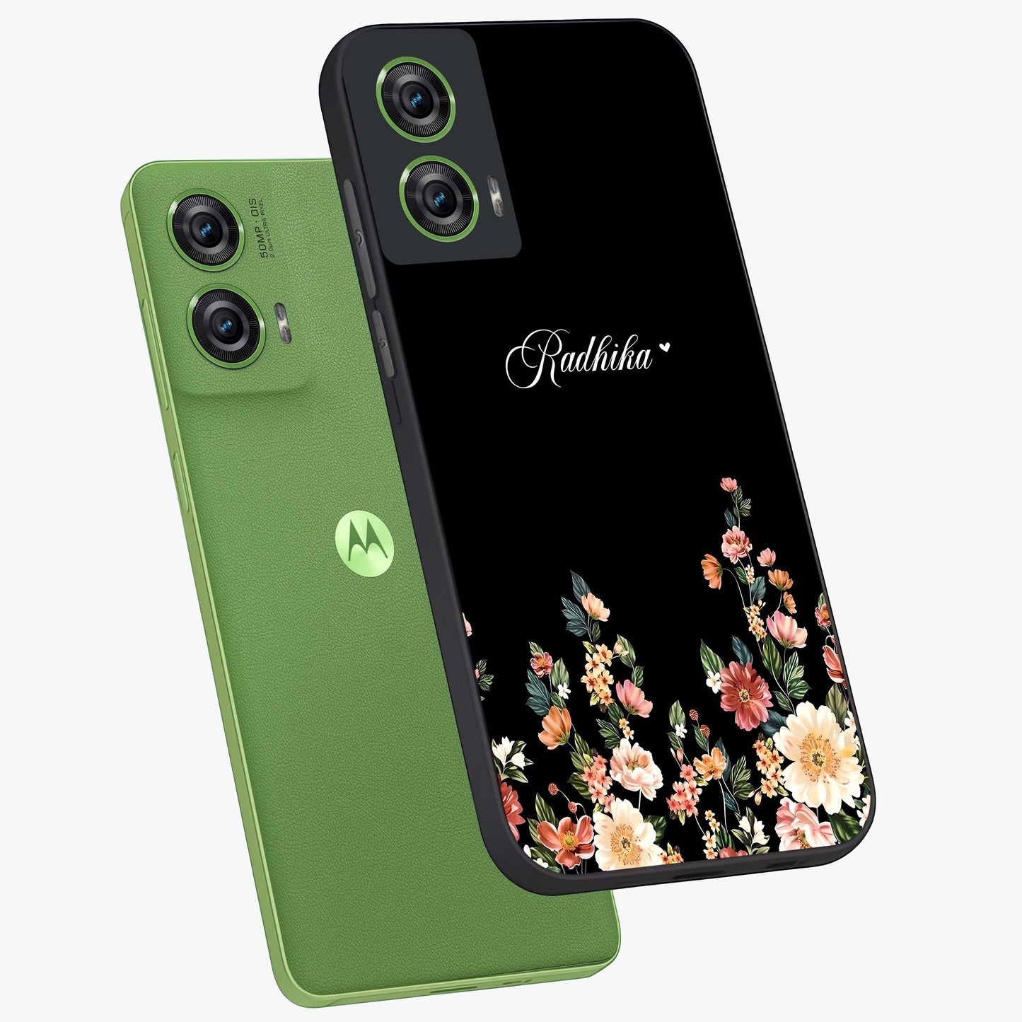 Floral Design With a Custom Personalized Name Glass Case displayed in angled mockup highlighting elegant floral pattern with custom name feature.