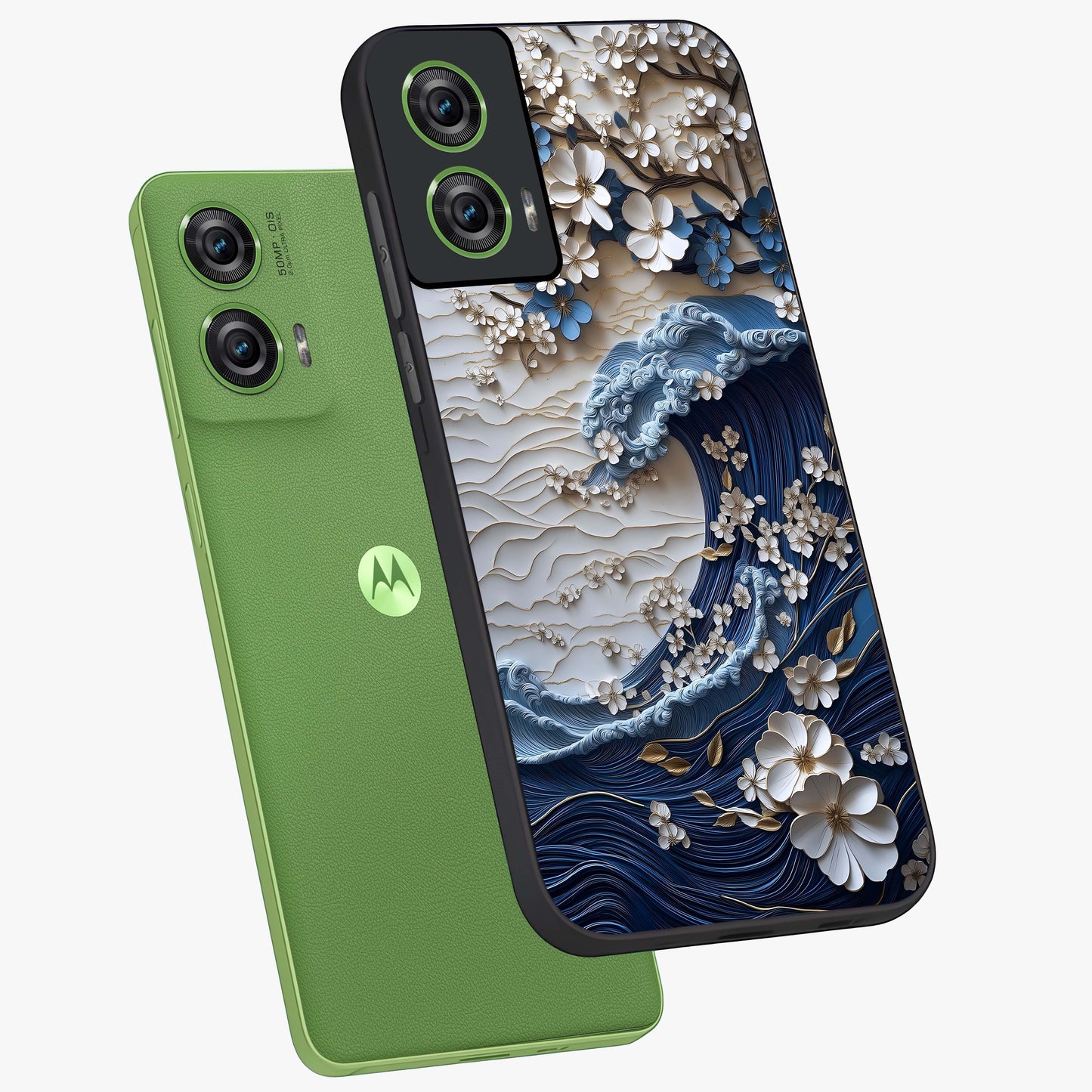 Floral Wave Origami Glass Case displayed in angled mockup highlighting geometric origami flower design with modern aesthetic style.