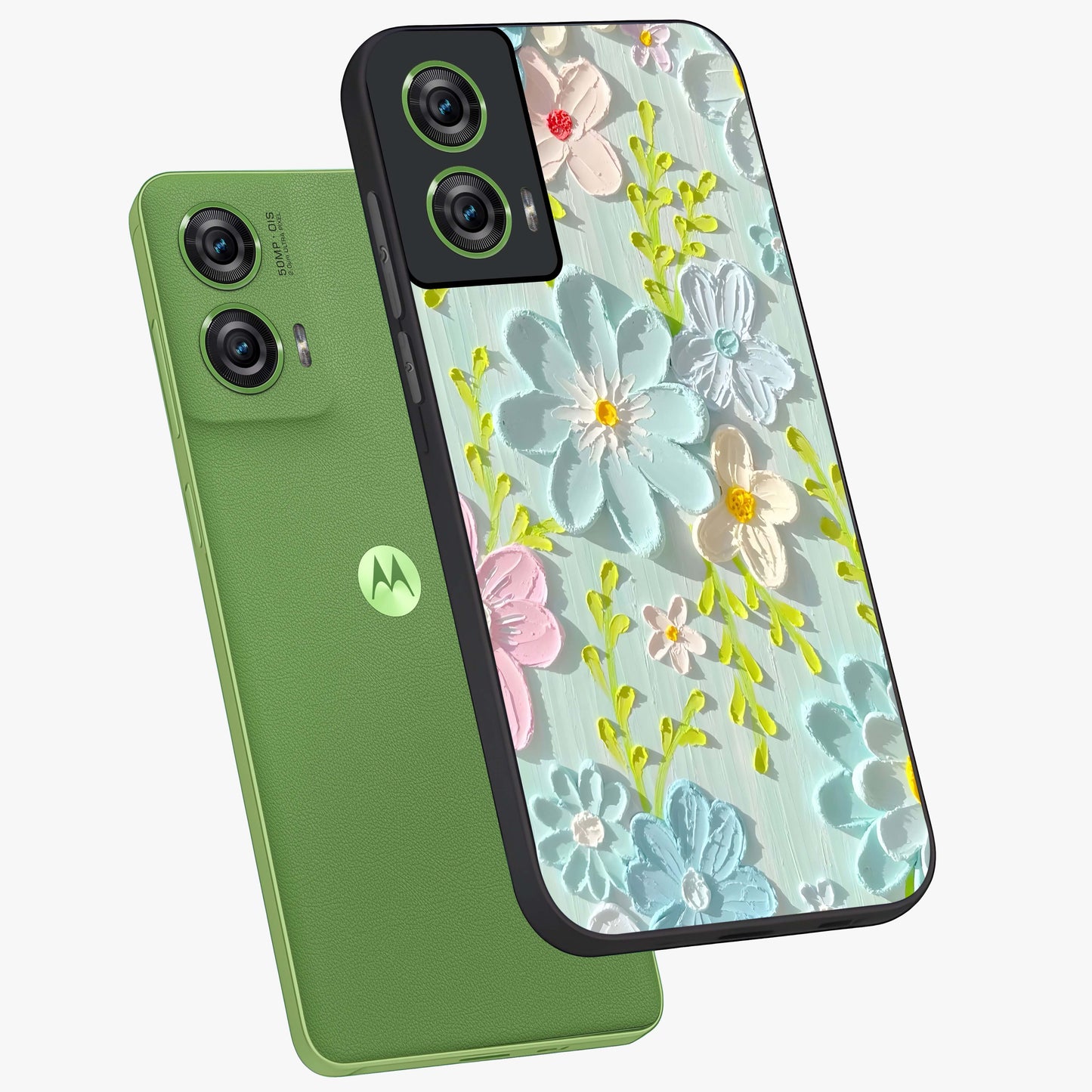 Frosted Petal Garden Glass Case displayed in angled mockup highlighting delicate flower petal design with calm garden aesthetic.