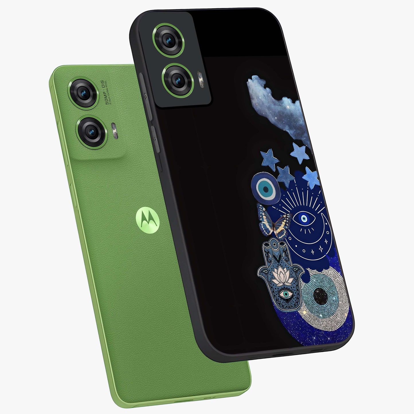 Galactic Charm Cluster Glass Case displayed in angled mockup highlighting luminous galaxy inspired design with dreamy aesthetic.