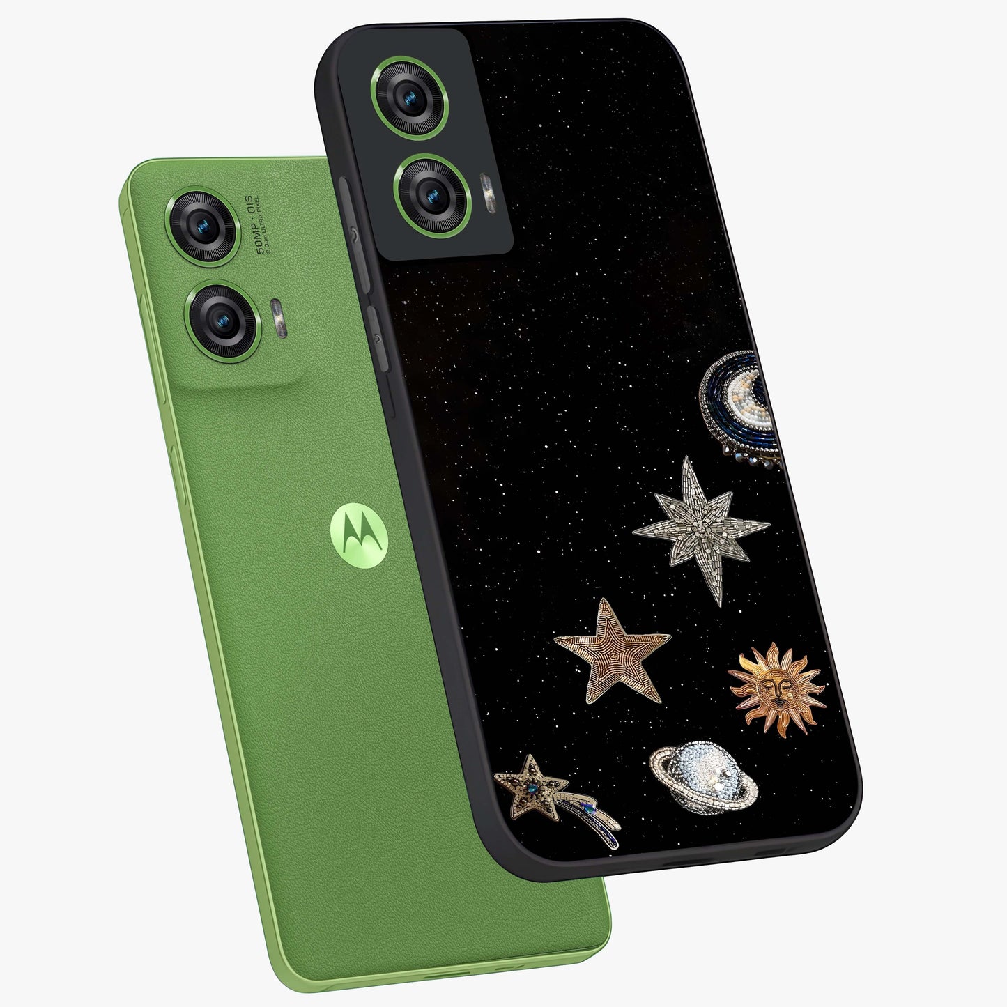Galactic Charm Glow Glass Case displayed in angled mockup highlighting luminous galaxy inspired design with dreamy aesthetic.