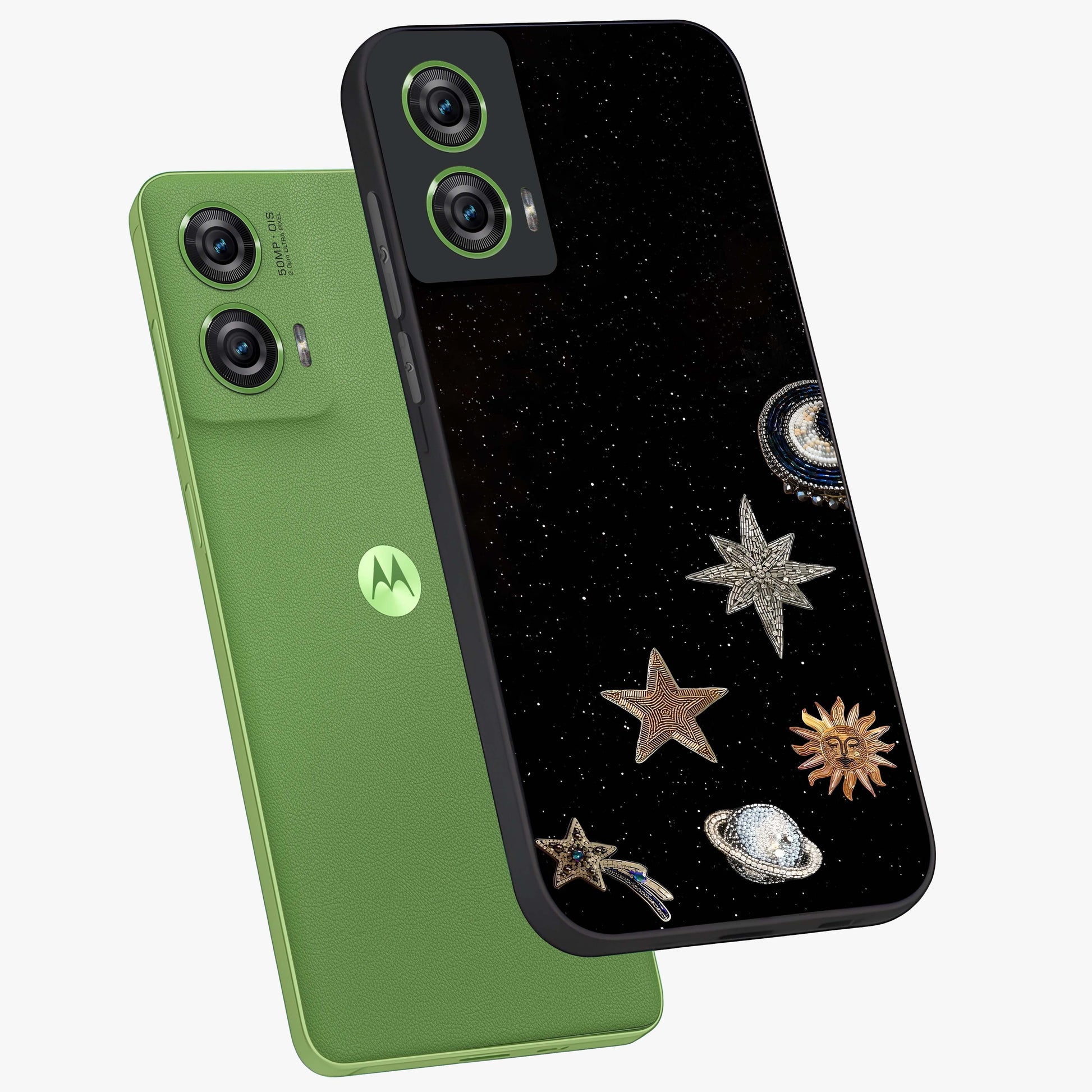 Galactic Charm Glow Glass Case displayed in angled mockup highlighting luminous galaxy inspired design with dreamy aesthetic.