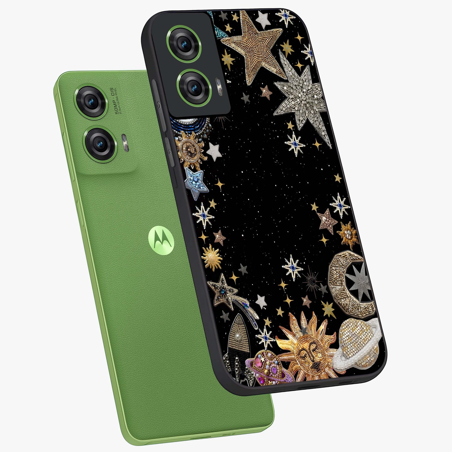Galactic Jewel Stars Glass Case displayed in angled mockup highlighting shining celestial star design with cosmic aesthetic style.