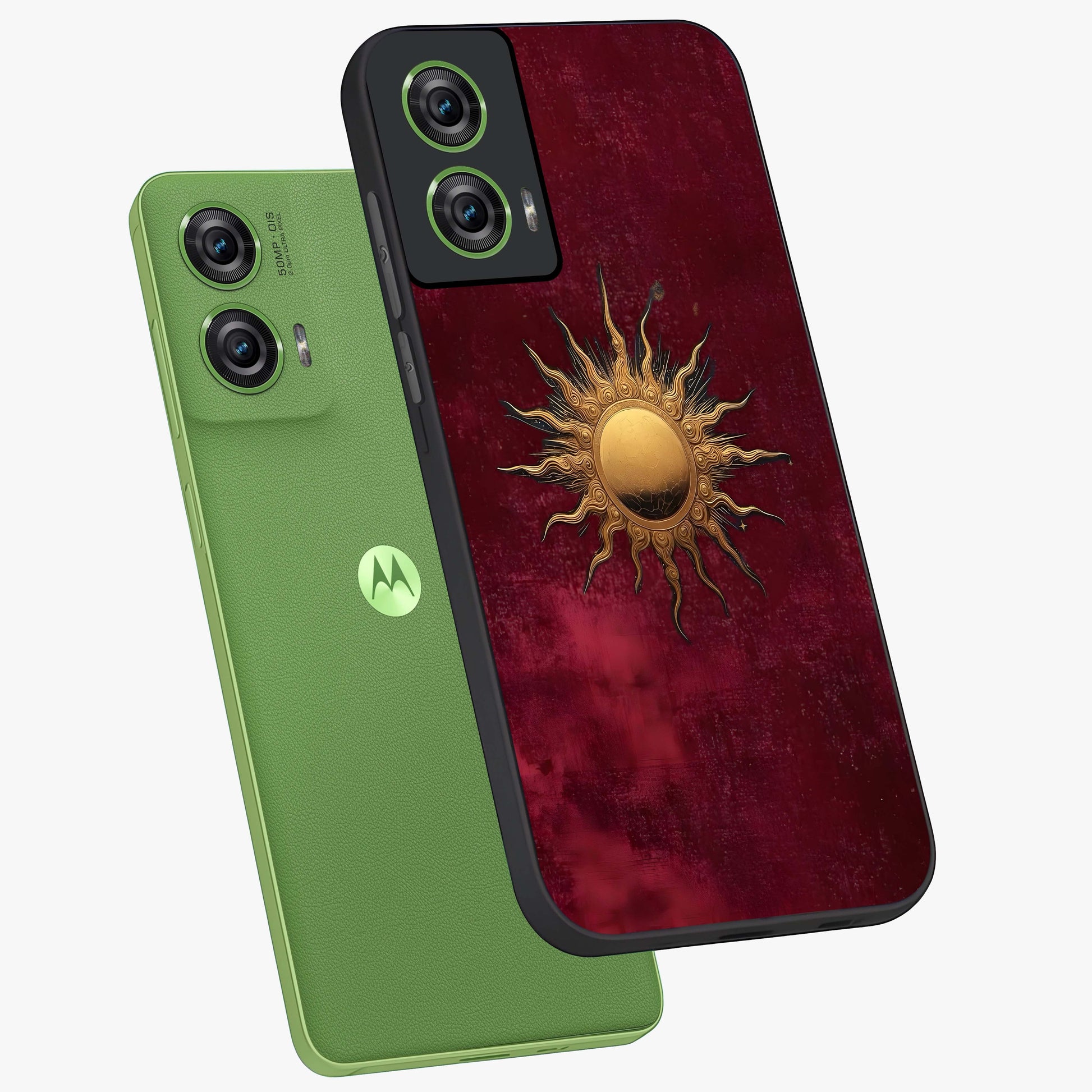 Golden Sun Minimalism Glass Case displayed in angled mockup highlighting clean sun symbol design with modern minimal aesthetic.