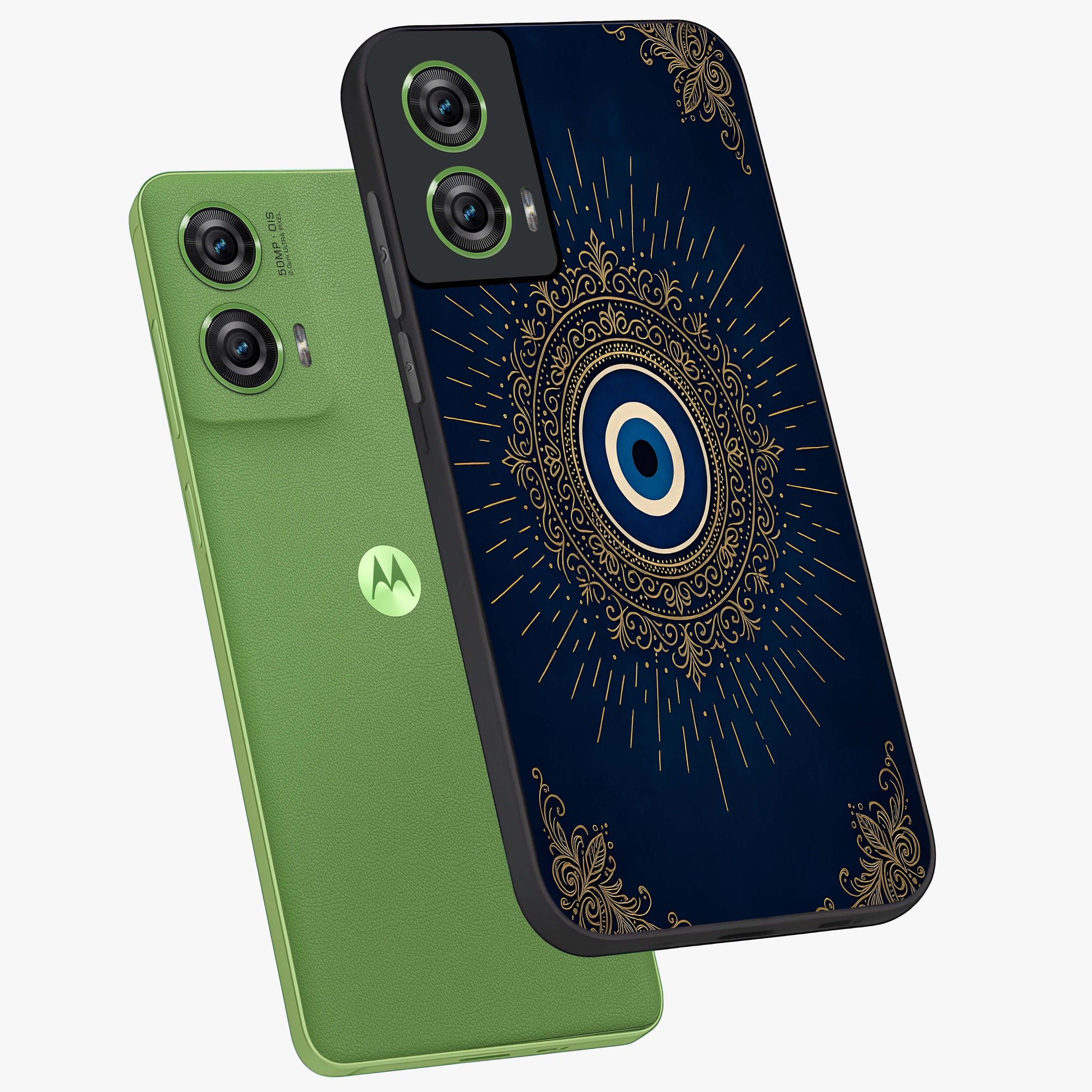 Golden Celestial Charm Glass Case displayed in angled mockup highlighting sparkling cosmic charm design with celestial aesthetic.