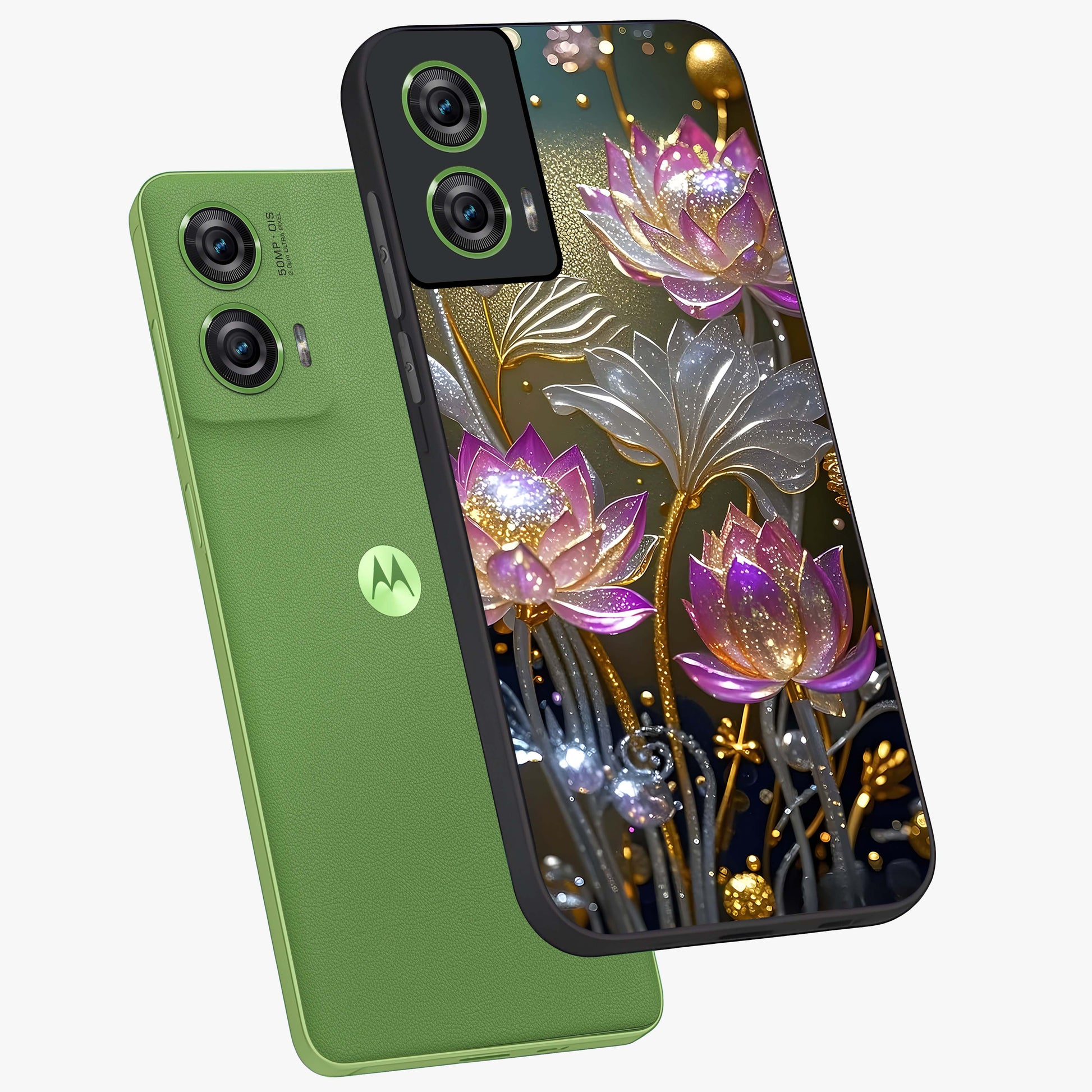 Golden Floral Majesty Glass Case displayed in angled mockup highlighting elegant flower design with royal golden aesthetic.
