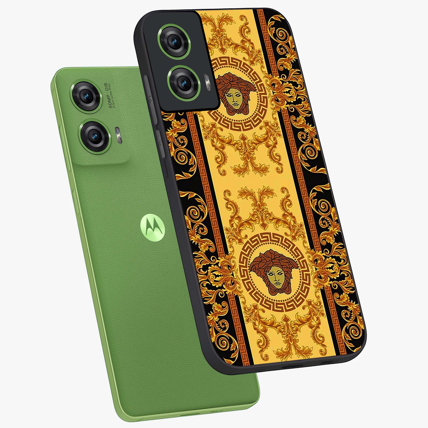 Golden Lotus Glow Glass Case displayed in angled mockup highlighting radiant lotus illustration with spiritual aesthetic.