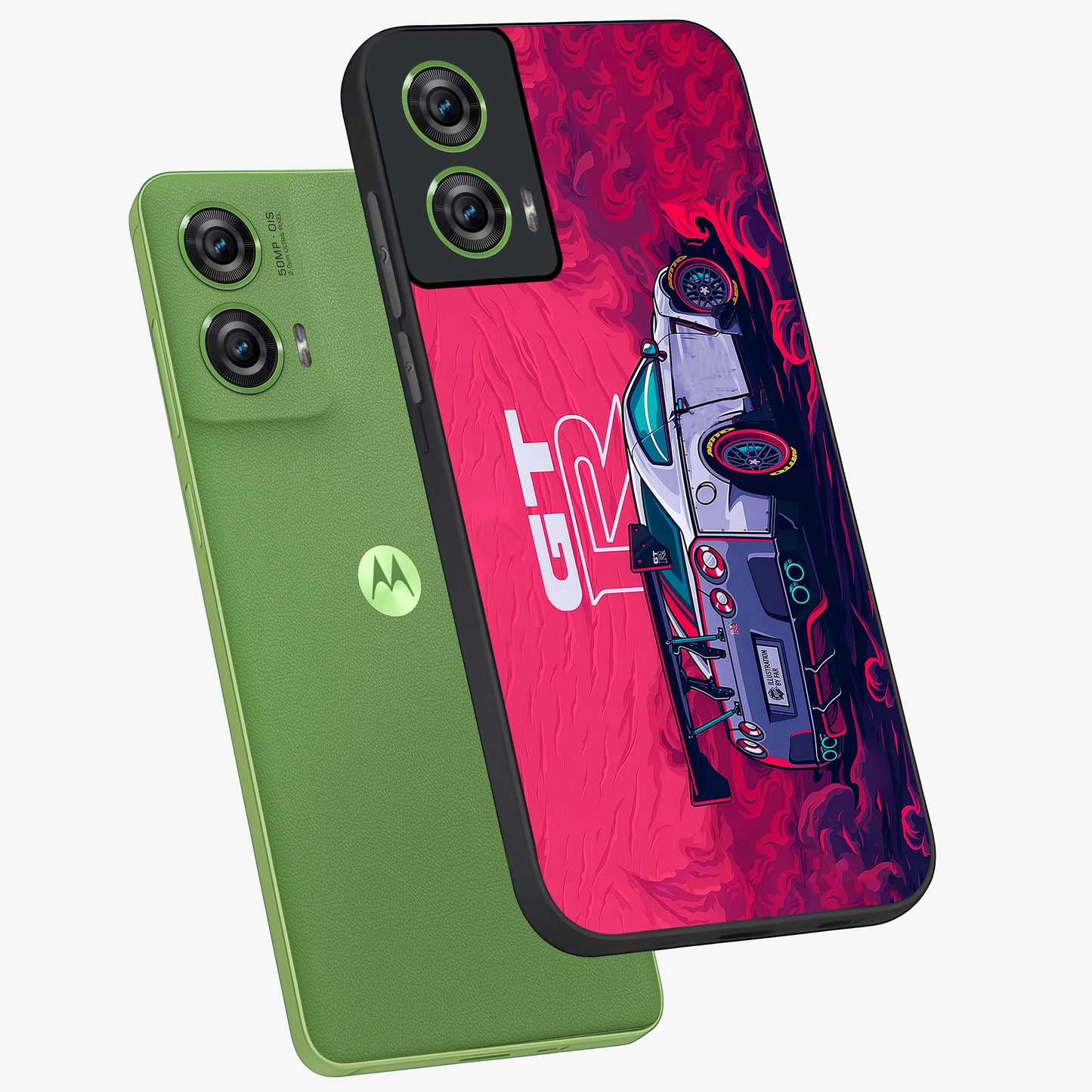 GT-R Car Pattern Glass Case displayed in angled mockup highlighting racing car graphic design with bold automotive aesthetic.