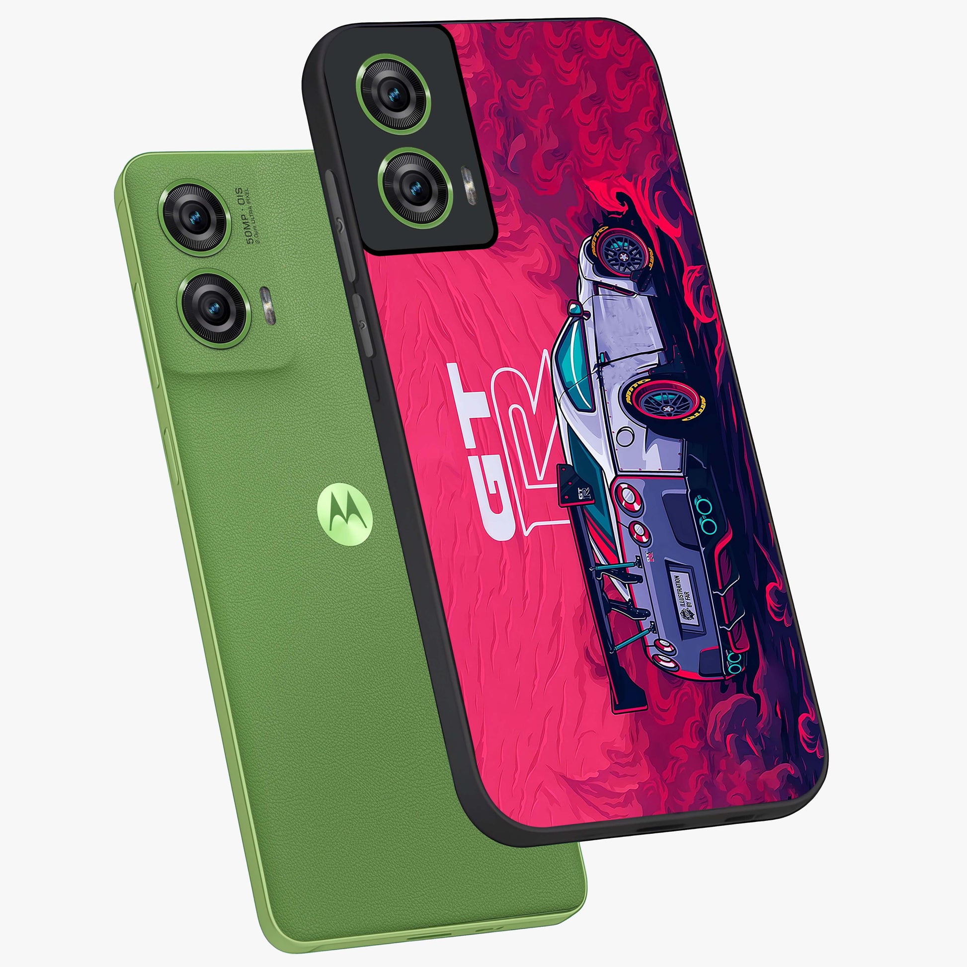 GT-R Car Pattern Glass Case displayed in angled mockup highlighting racing car graphic design with bold automotive aesthetic.