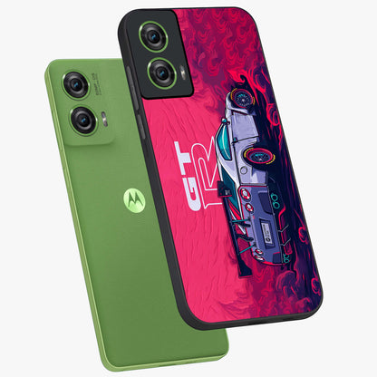 GT-R Car Pattern Glass Case displayed in angled mockup highlighting racing car graphic design with bold automotive aesthetic.
