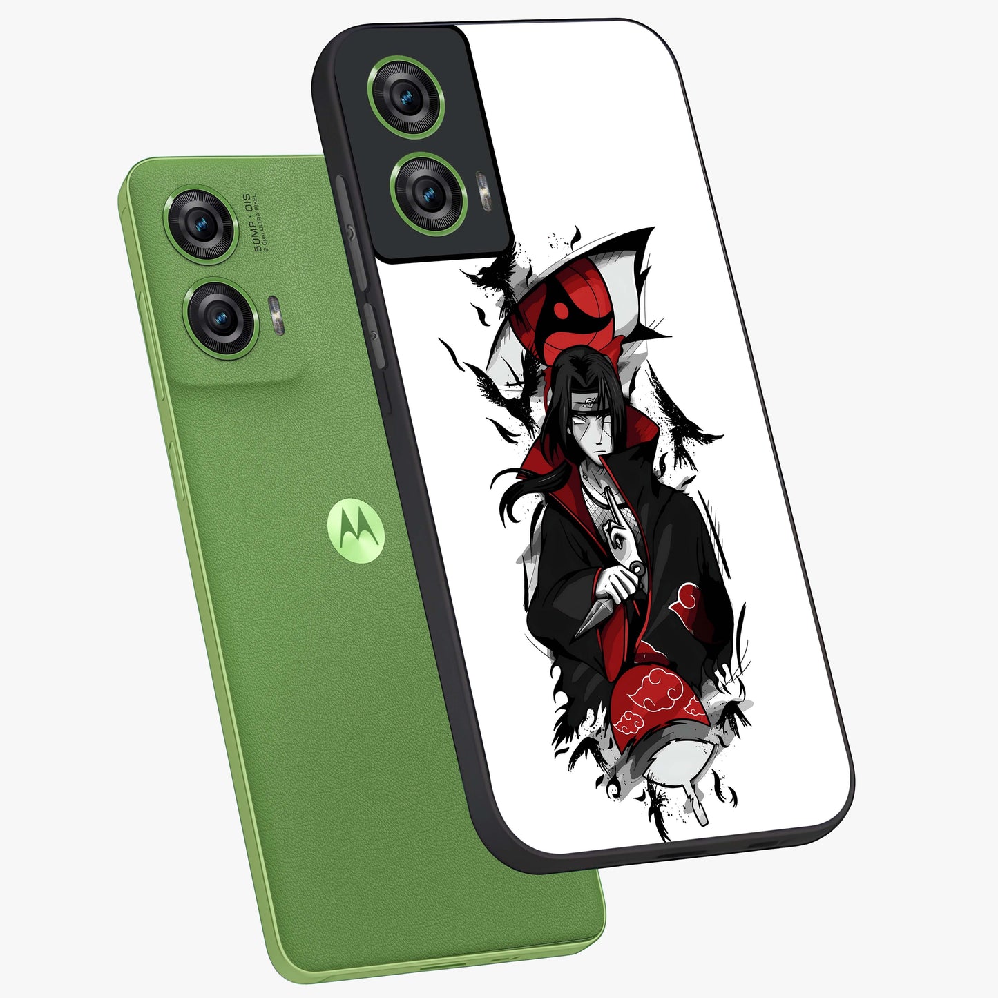 Itachi Limited Edition Naruto Anime Glass Case displayed in angled mockup highlighting dramatic anime illustration with bold action aesthetic.