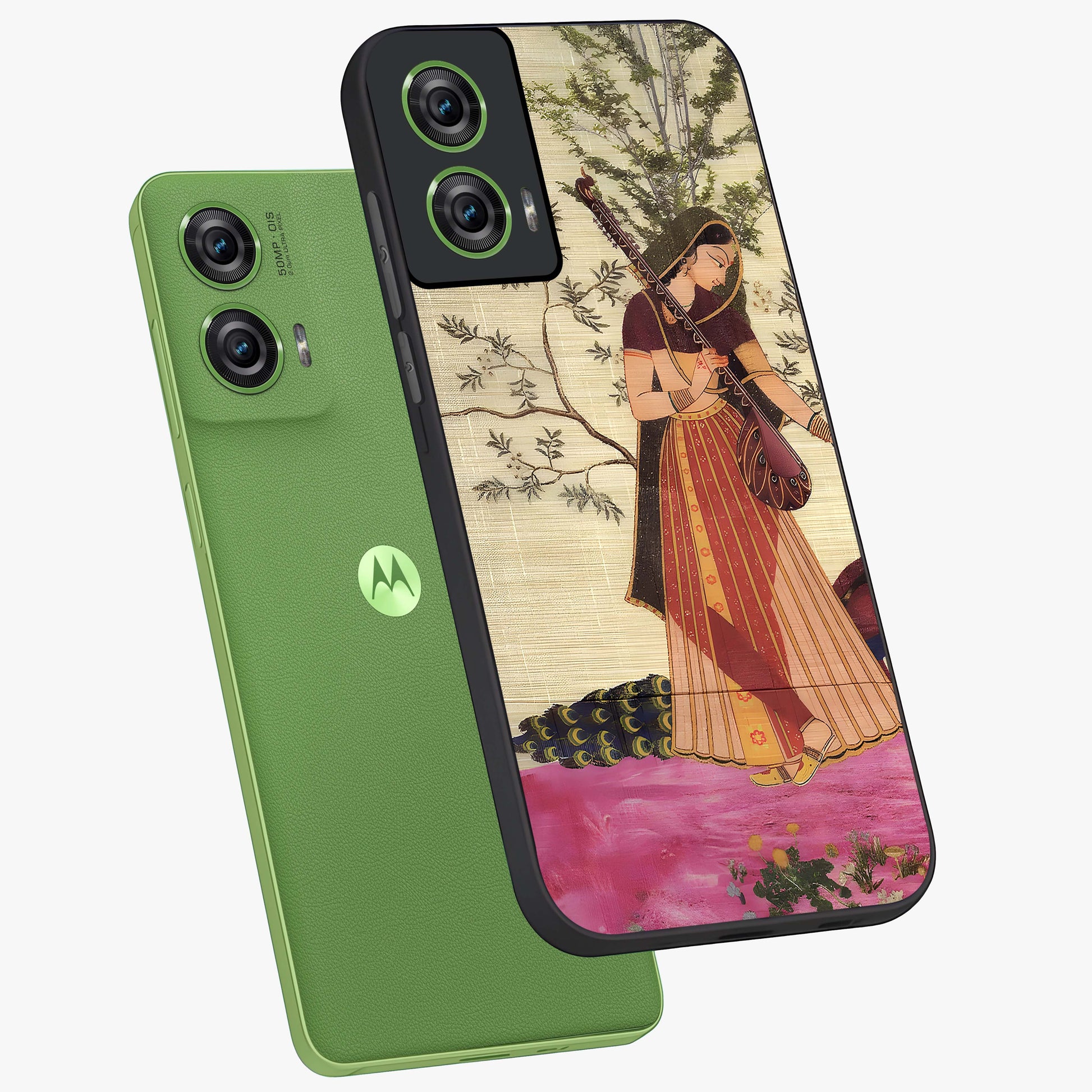Lady With Veena Art Glass Case displayed in angled mockup highlighting graceful musical illustration with cultural artistic aesthetic.