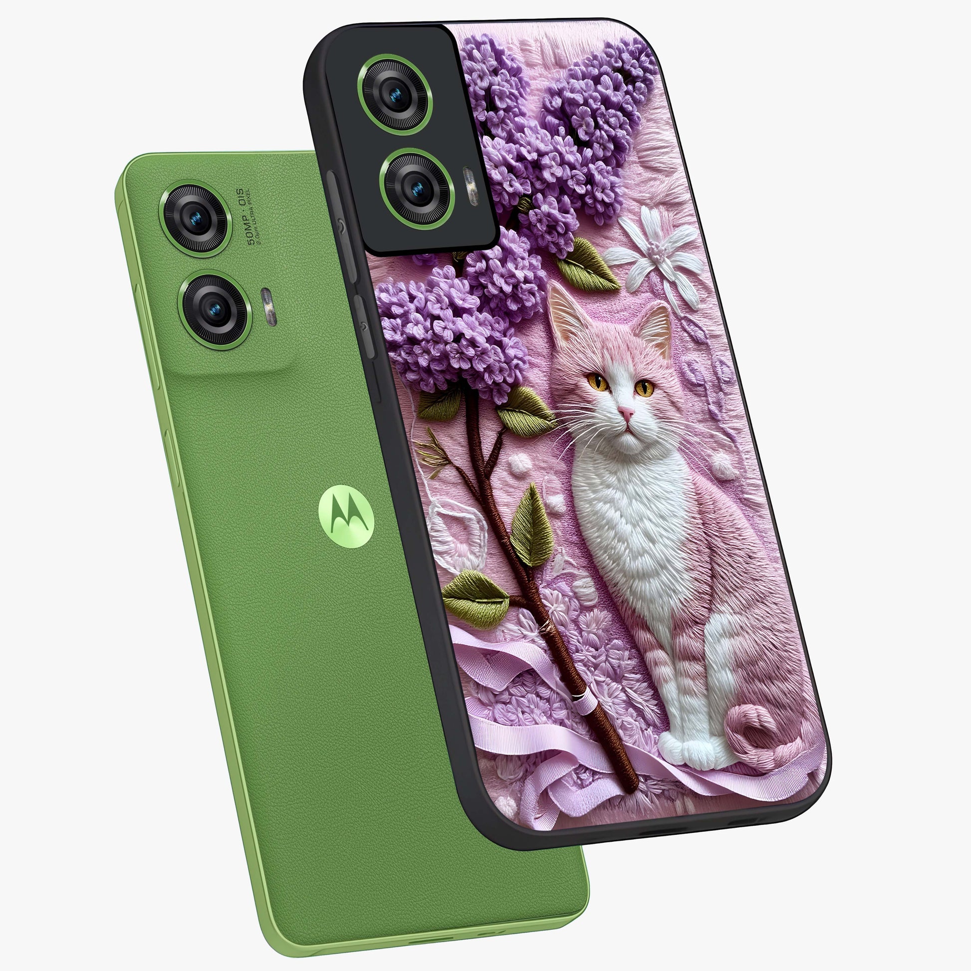 Lavender Cat Whimsy Glass Case displayed in angled mockup highlighting playful feline illustration with pastel lavender aesthetic.