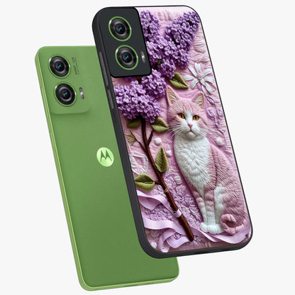 Lavender Cat Whimsy Glass Case displayed in angled mockup highlighting playful feline illustration with pastel lavender aesthetic.