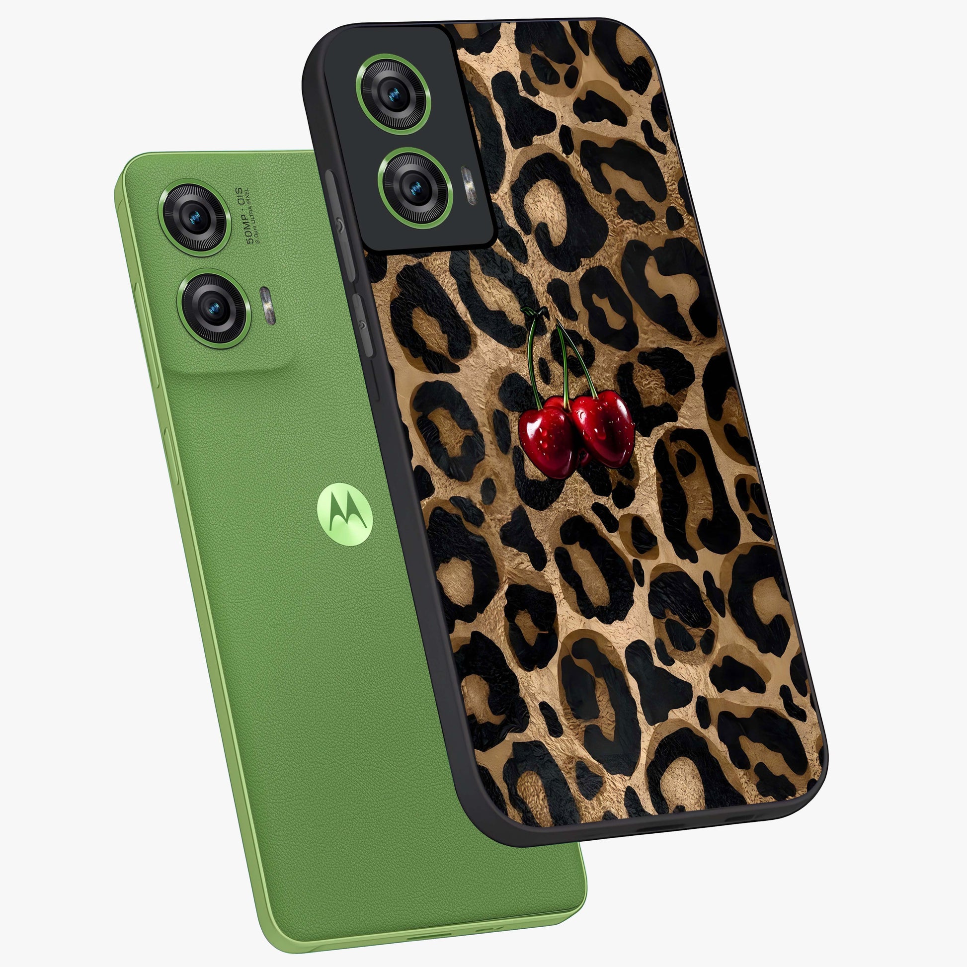 Leopard Wild Cherry Glass Case displayed in angled mockup highlighting bold animal print design with playful cherry aesthetic.