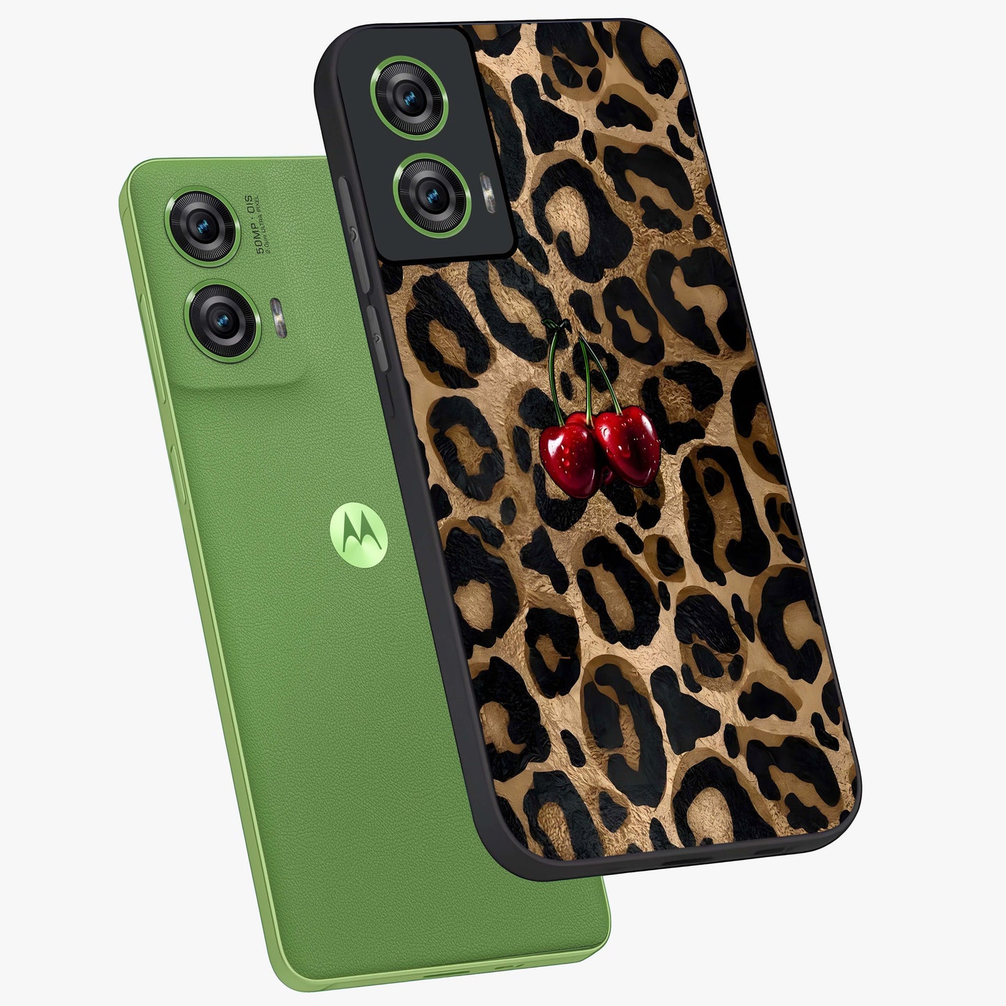 Leopard Wild Cherry Glass Case displayed in angled mockup highlighting bold animal print design with playful cherry aesthetic.